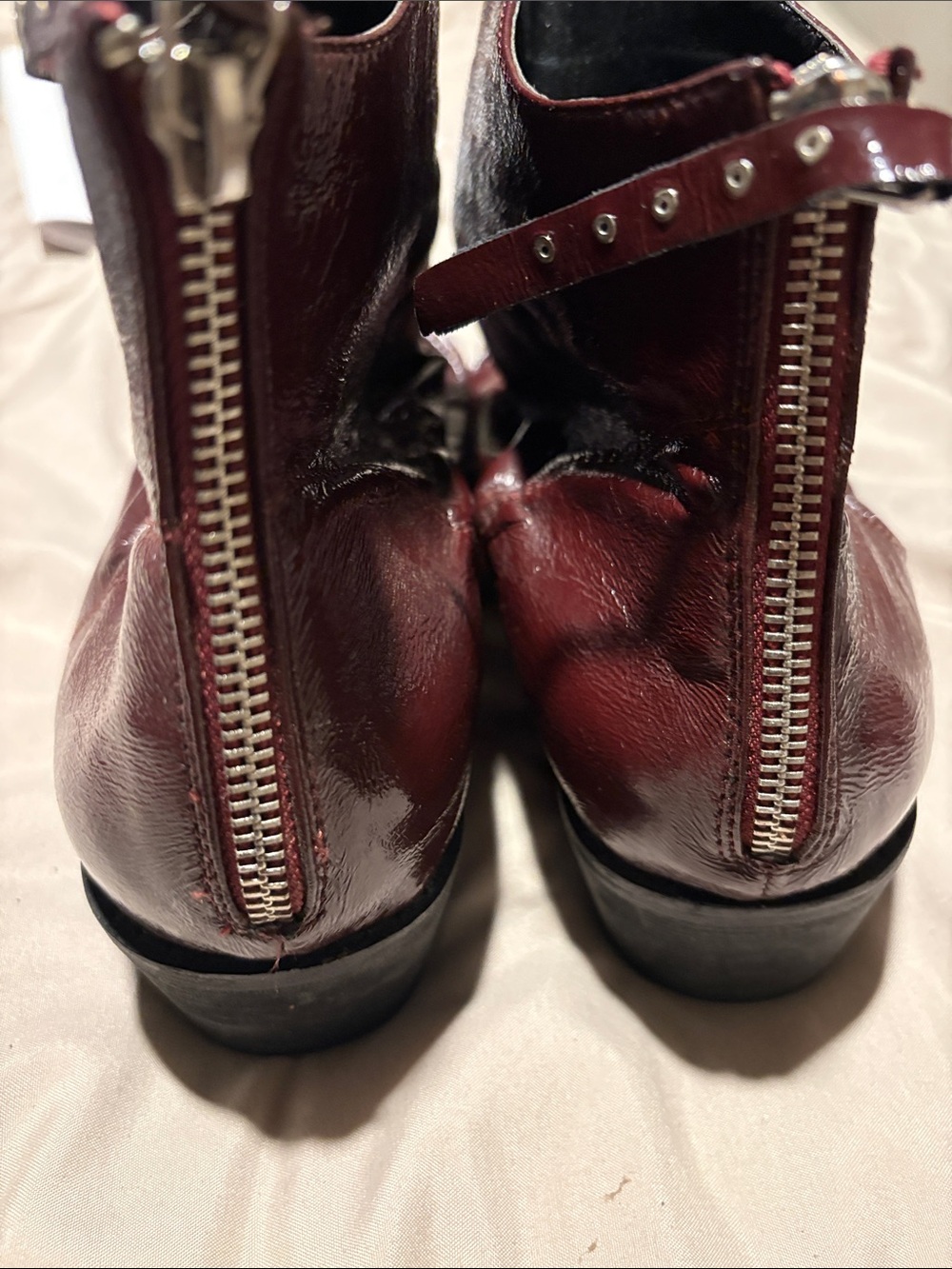Olivia Miller Burgundy Patent Leather Ankle Booties with Rear Zipper wine color